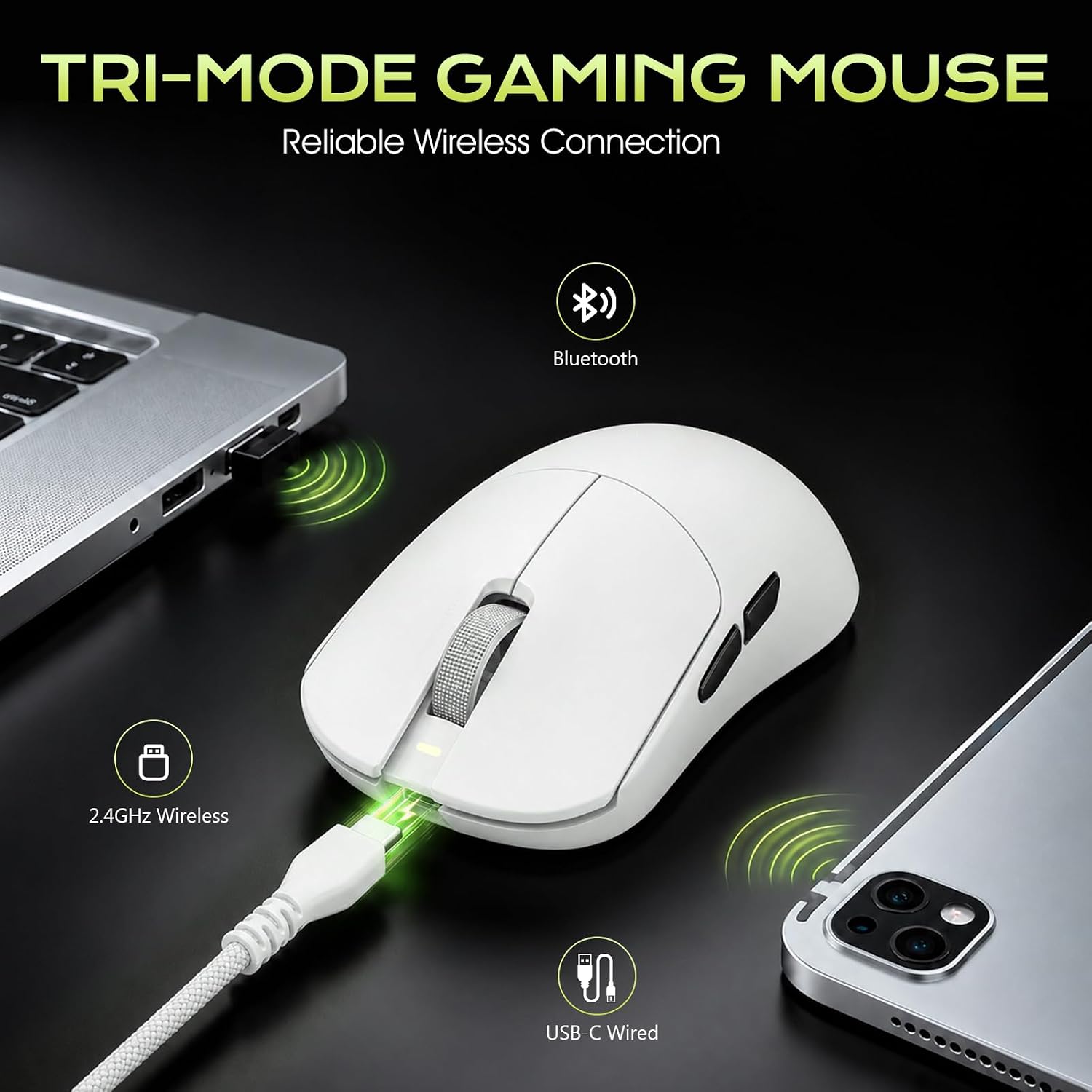 Ultra Wireless Gaming Mouse Tri-Mode with 30K Optical Sensor | 51g Lightweight 50-42000 DPI High Performance Gaming Mice, 5 Programmable Controls, Bluetooth Mouse for PC Mac Laptop, White